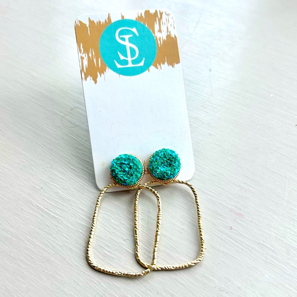 Aqua Druzy Gemstone Gold Drop Earrings